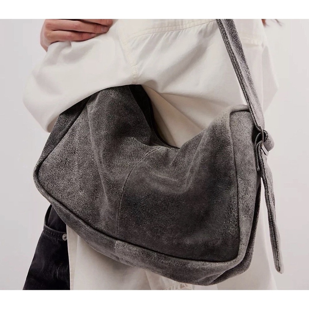 Free People Replay Leather Shoulder Bag / Tote /Purse Gray Suede Sheep Leather